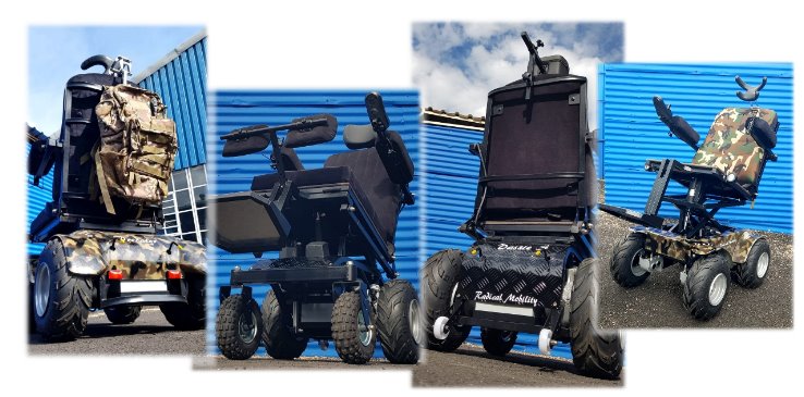All-terrain power wheelchairs Collection of all-terrain power wheelchairs made by Radical Mobility